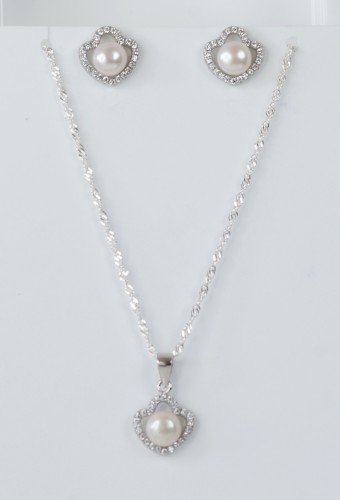 Sterling Silver/CZ/Freshwater Pearl Pendant and Matching Earrings